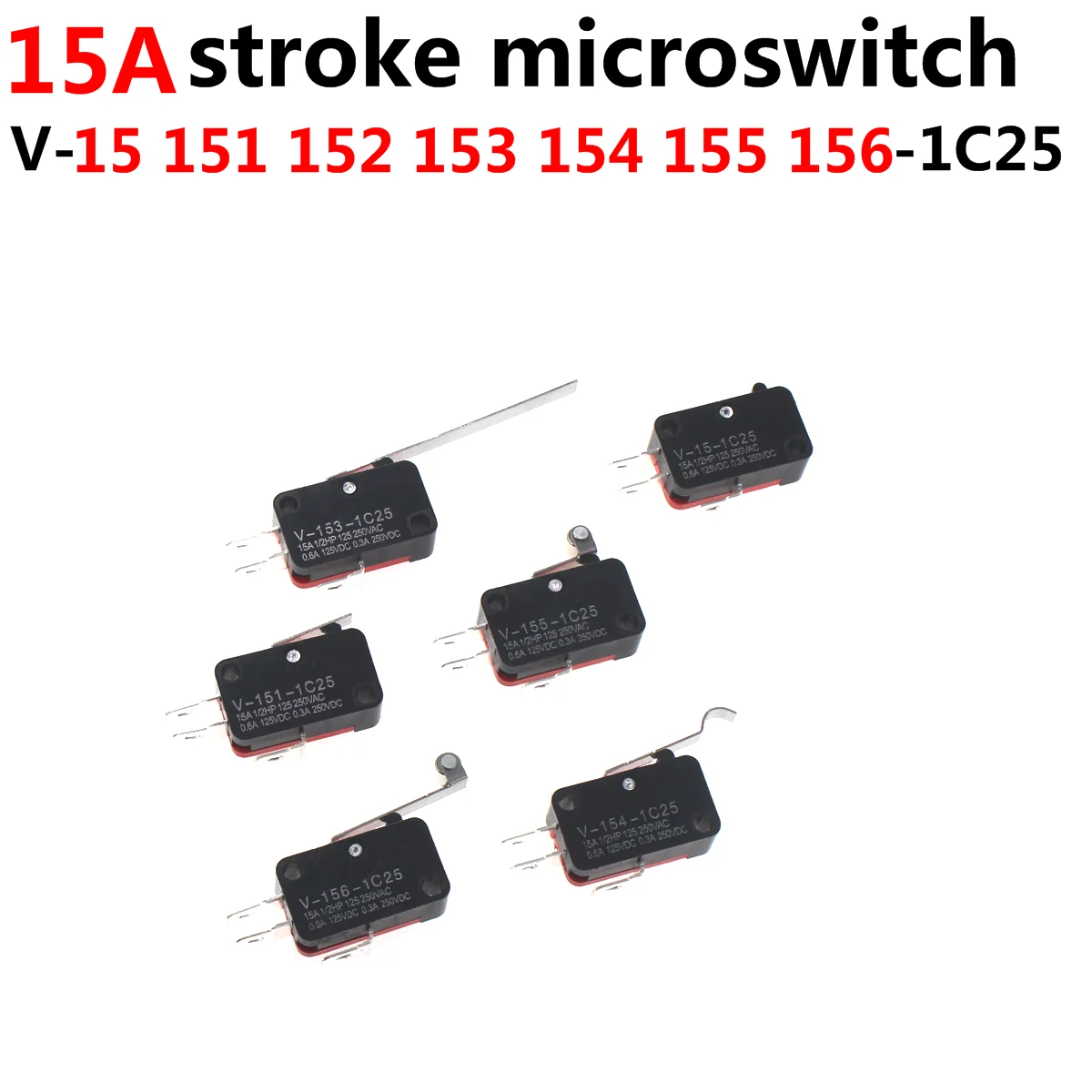 5pcs Microswitch Stroke Limit Switch V-151-1C25 V-152-1C25 V-153-1C25 V-154-1C25 V-155-1C25 156-1C25 Roller Long Handle Switch