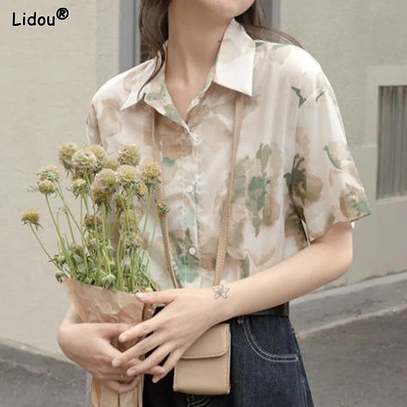 

2023 Women's Clothing Short Sleeve Button Turn-down Collar Loose Blouses Printing Fashion Street Casual Tops Sweet Summer Thin