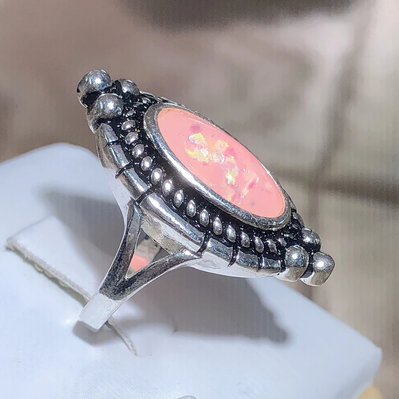 New Vintage Pink Color Australian Treasure Ring Female Oval Thai Silver Ring Party Birthday Gift Wholesale