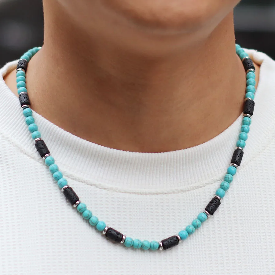 New Natural Stone Men Necklace 6mm Tiger Eyes Volcanic Rock Beads Collar Healing Neck Jewelry Accessories Perfect Gift For Him