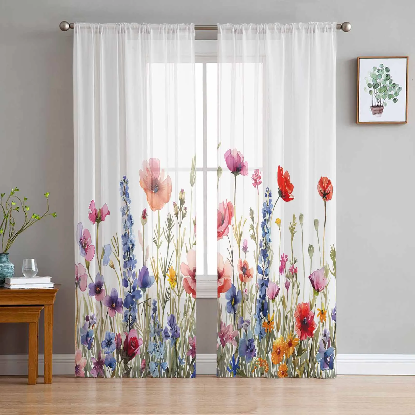 

Flower Plant Watercolor Leaves Daisy Tulle Curtains for Living Room Bedroom Modern Chiffon Sheer Voile Kitchen Window Curtain