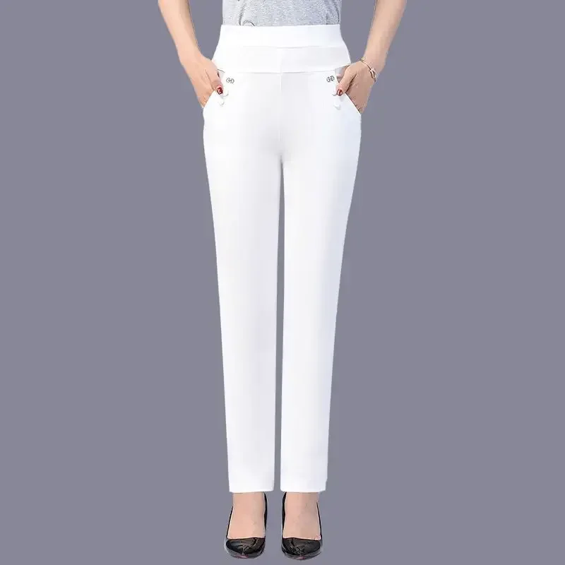 

Korean Fashion Spring Summer New Women Pants Straight Bucket Small Foot Pencil High Waist Solid Button Casual Loose Trousers E44