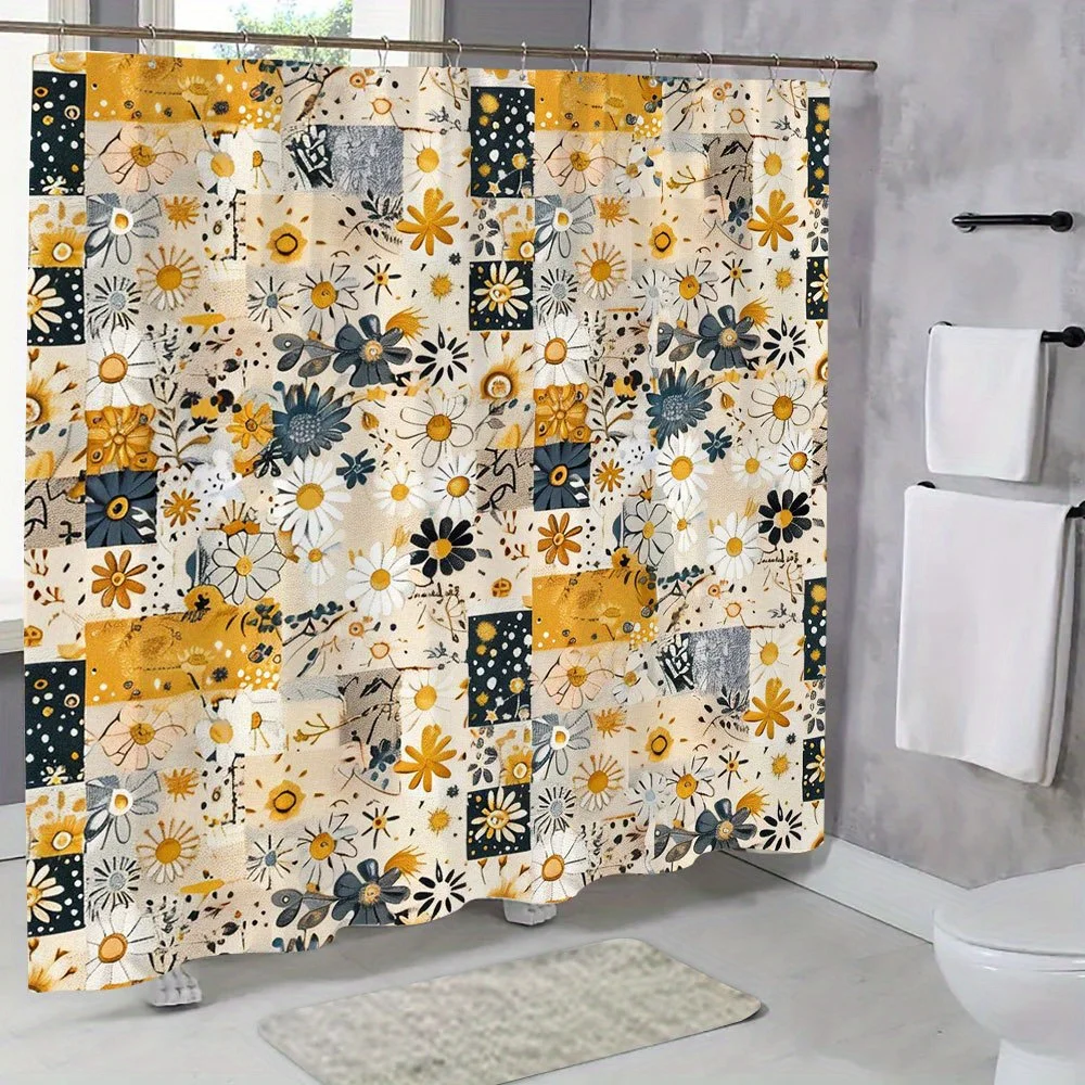 Vintage Patchwork Floral Shower Curtain – Beige, Yellow & Navy Daisies, Farmhouse Style,  12 Hooks, Machine Washable