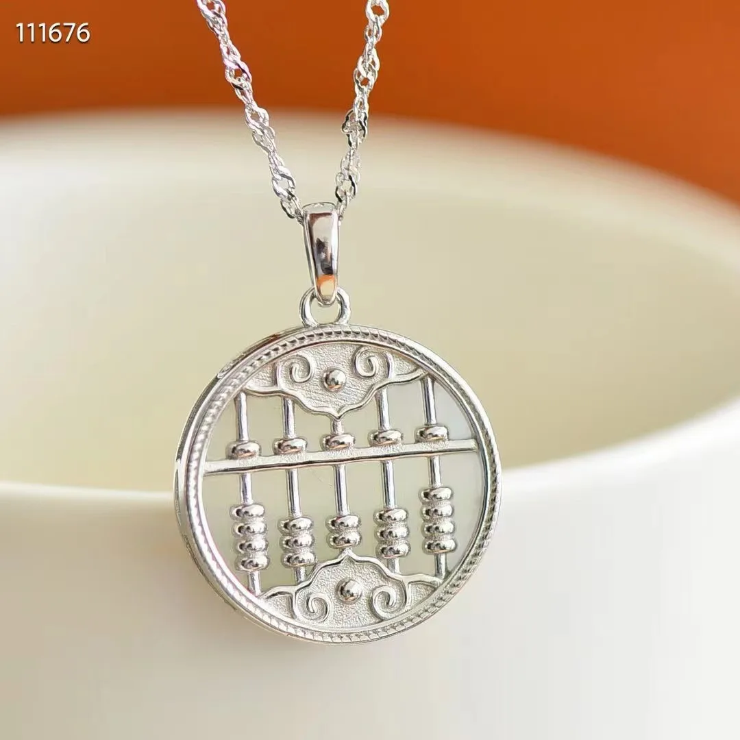 

Natural 100% Sterling Silver necklace mosaic hetian jade abacus Attracting Wealth pendant jewellery for woman gifts Bless peace