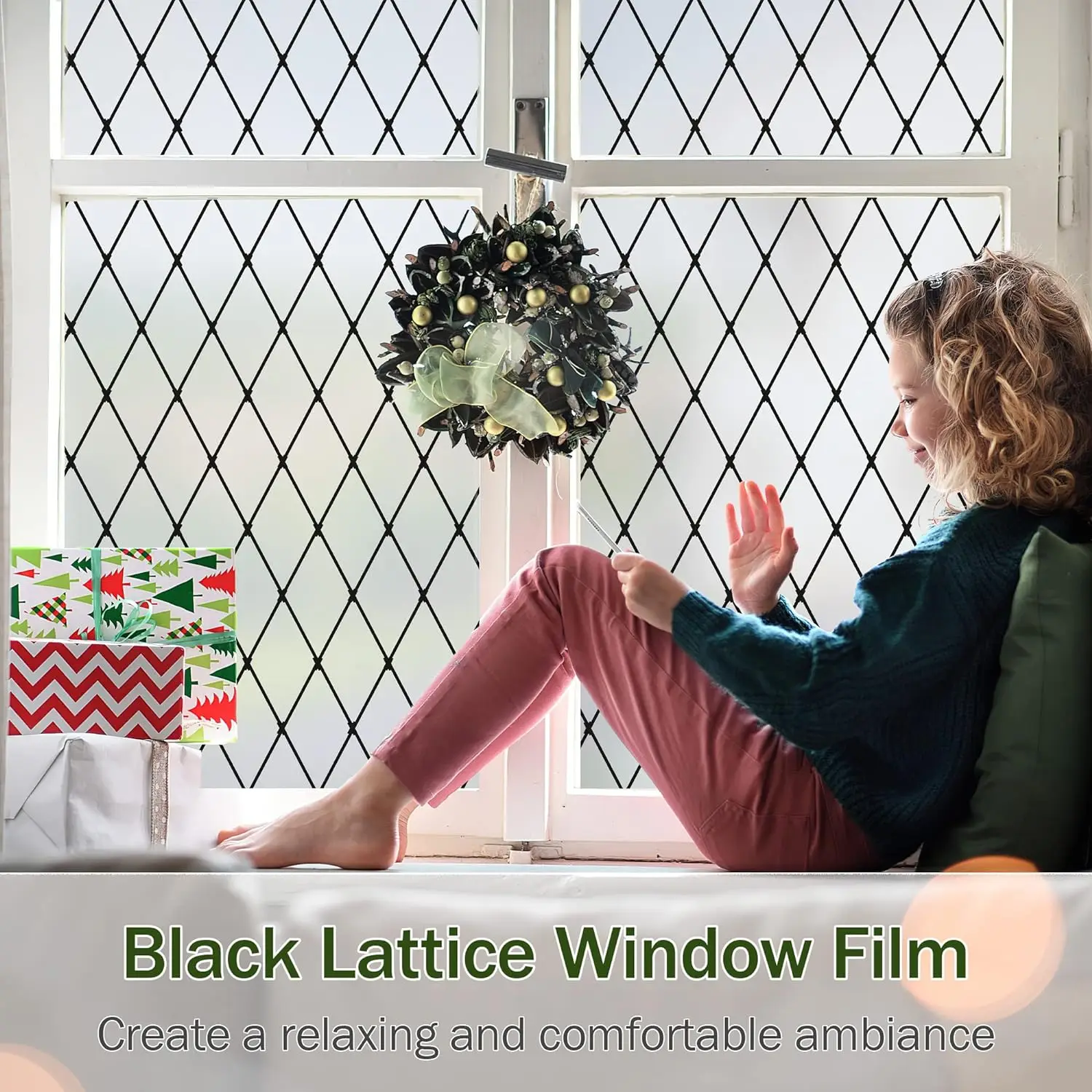 Frosted Black Lattice Window Film Static Cling Window Privacy Films Decorative Glass Vinyl Film for Windows Removable