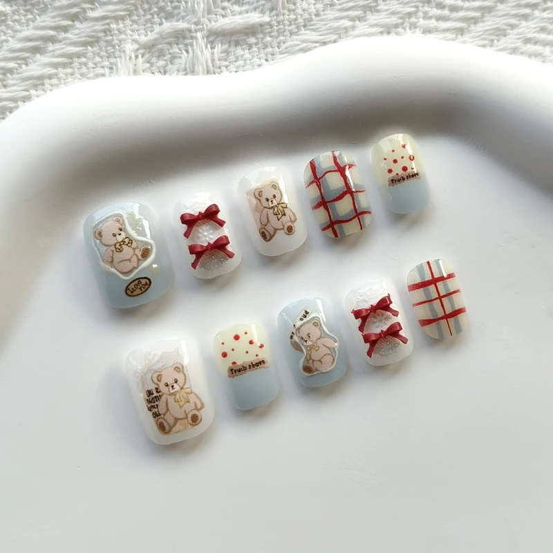 10Pcs Korean Style Cute Bear and 3D Bowknot Half Handmade Press on Nails INS Trend Lovely Blue Plaid Nail Patch Fake Nails view 2