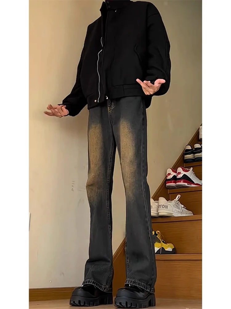 الرجال عالية الخصر Thiened Fce اصطف سليم صالح الجينز الشتاء خمر الأمريكية فيبي بنطال ذو قصة أرجل واسعة سكين بليد تصميم