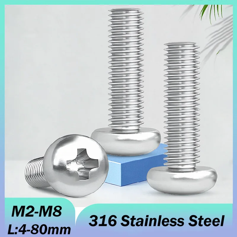 M2 M2.5 M3 M4 M5 M6 M8 Cross Recessed Pan Round Head Screws 316 Stainless Steel Phillips Machine Screw Length:4-80mm