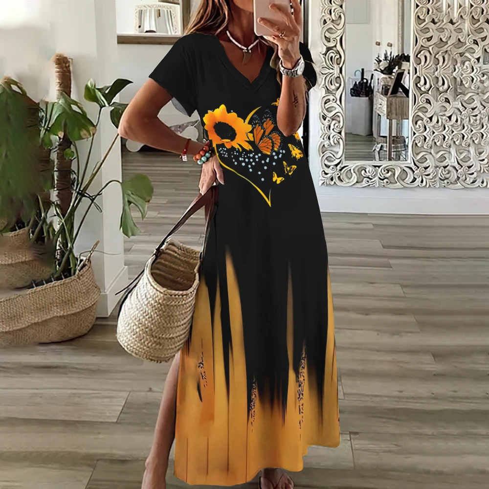 Vestidos con estampado de girasoles y letras para mujer, talla grande, elegantes, Midi, manga corta, verano 2024