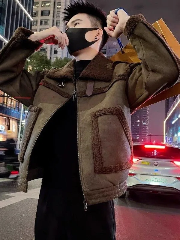 

High-End Men's Cotton Jaet Fce Lined Thiened Leather Fur Inteated Sli Autumn Winter Casual Faionable Coat