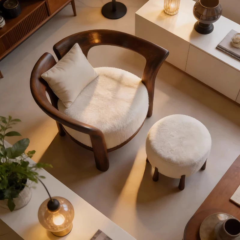 

Medieval sofa chair soft retro black walnut plush soft bag single chair solid wood wabi sandy wind leisure chair