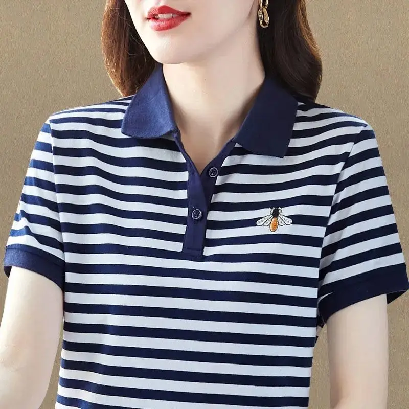 New Summer women\'s Stripe Splicing Contrast Color Polo Neck manica corta Plus Size pullover ricamo moda Casual top