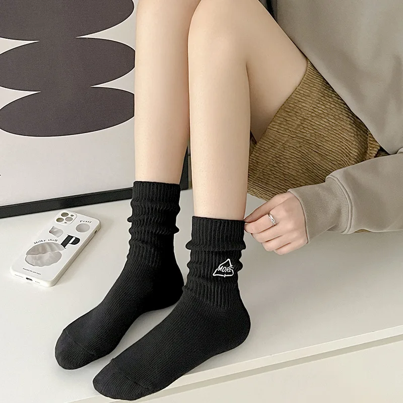 1 Pair Trendy Cotton Mid Tube Socks Women Solid Autumn Winter Socks With Embroidered Letter Thick Thread Mid Tube Socks