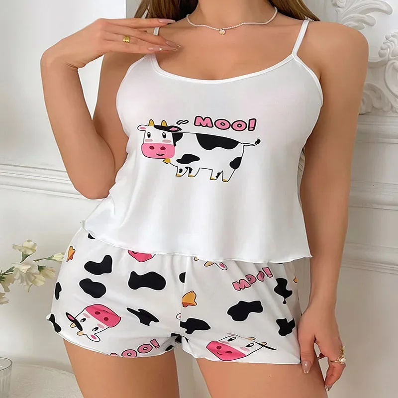 

Sexy Camisole Tops for Women Shorts Pajama Suits Cartoon Print Student 2 Piece Set European and American Suspender Sleepwear