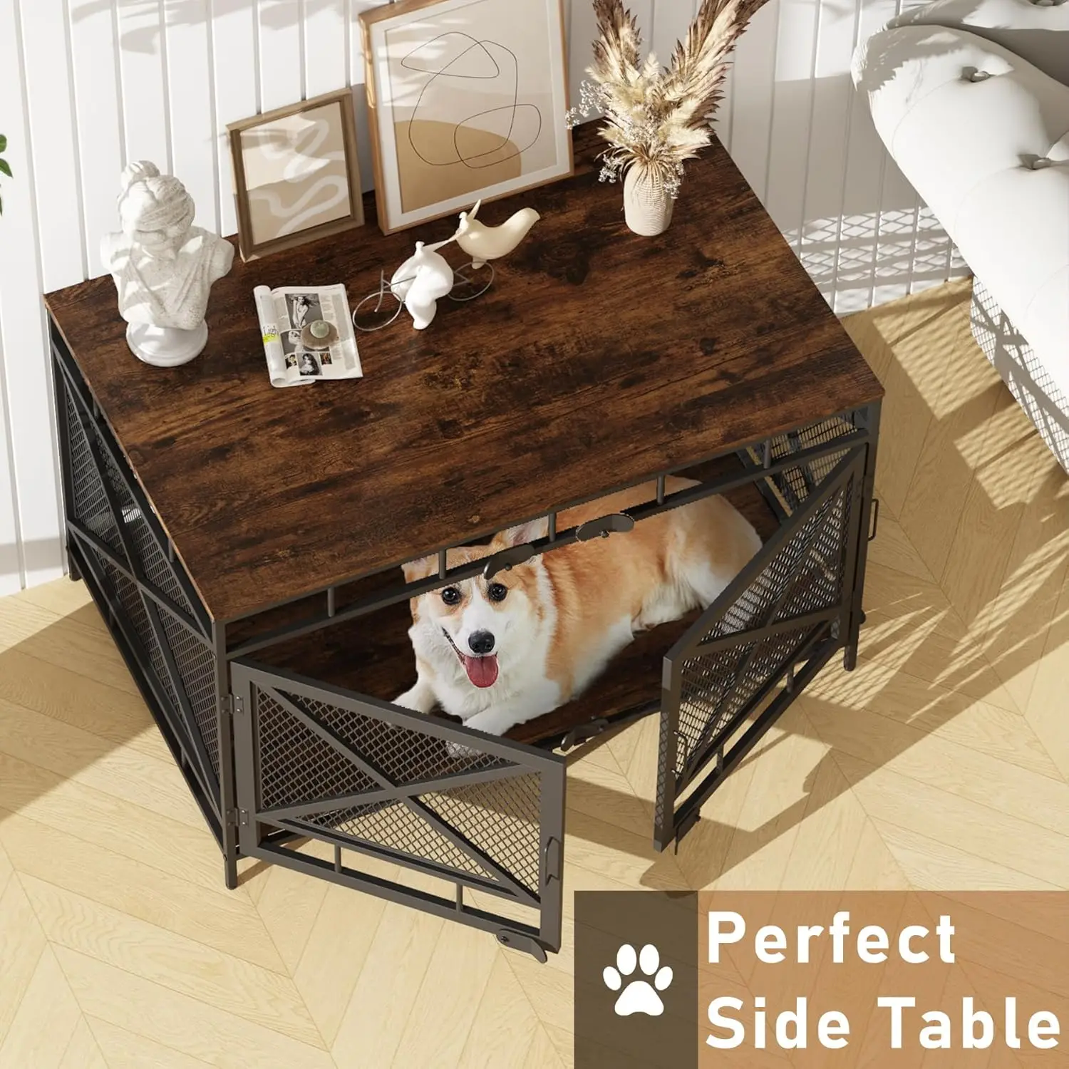 أثاث صندوق الكلاب، بيت الكلب لسلالة صغيرة ومتوسطة وكبيرة، صندوق كلب زاوية كبير عالي التحمل مقاس 43 بوصة، قفص الحيوانات الأليفة الداخلي