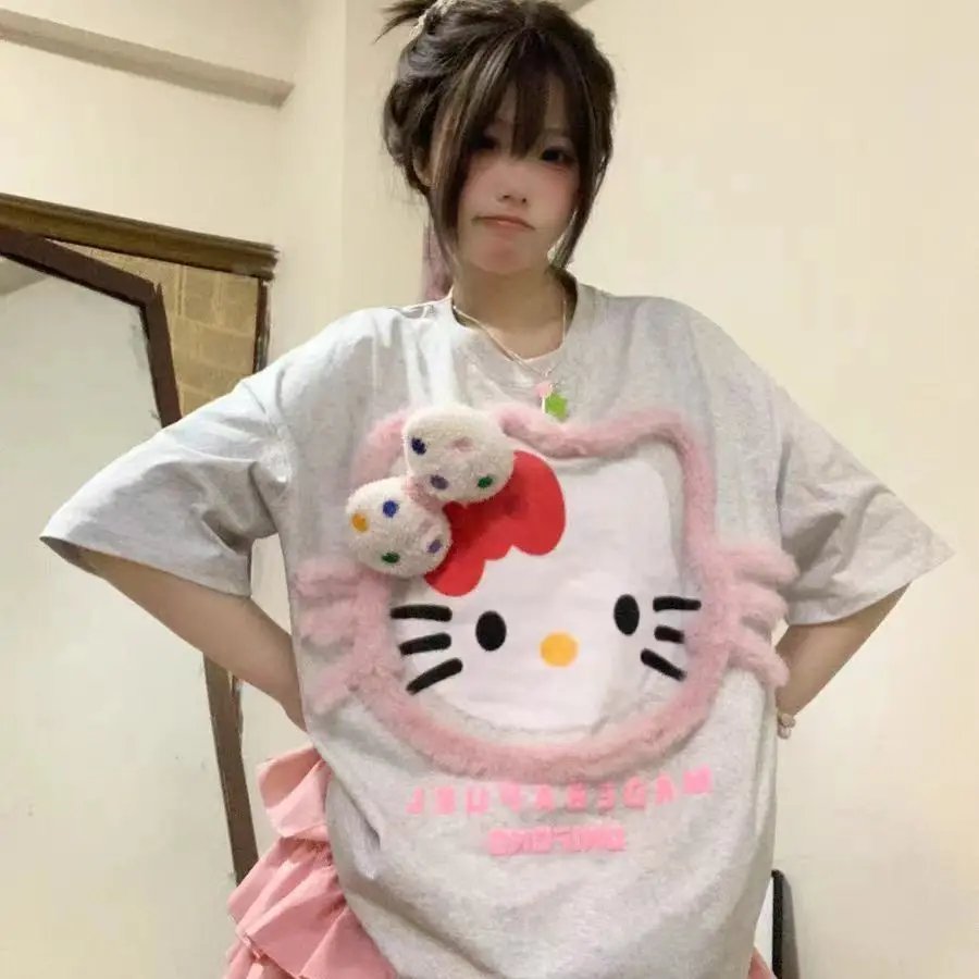 

Cute Short Sleeved Internet Celebrity T-Shirt Cartoon Hello Kitty Sanrio Loose Design Bow Couple Top Trendy Summer Kawaii Girl
