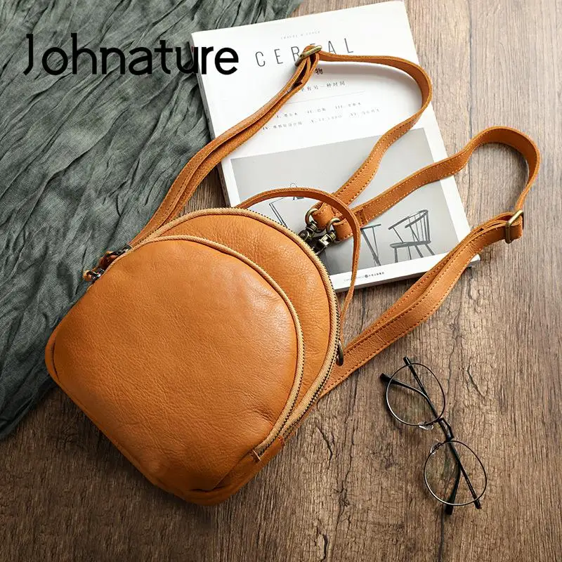 Johnature Handmade Vintage Genuine Leather Bagpack Women Backpack 2024 New Leisure Soft Cowhide Solid Color Travel Bag