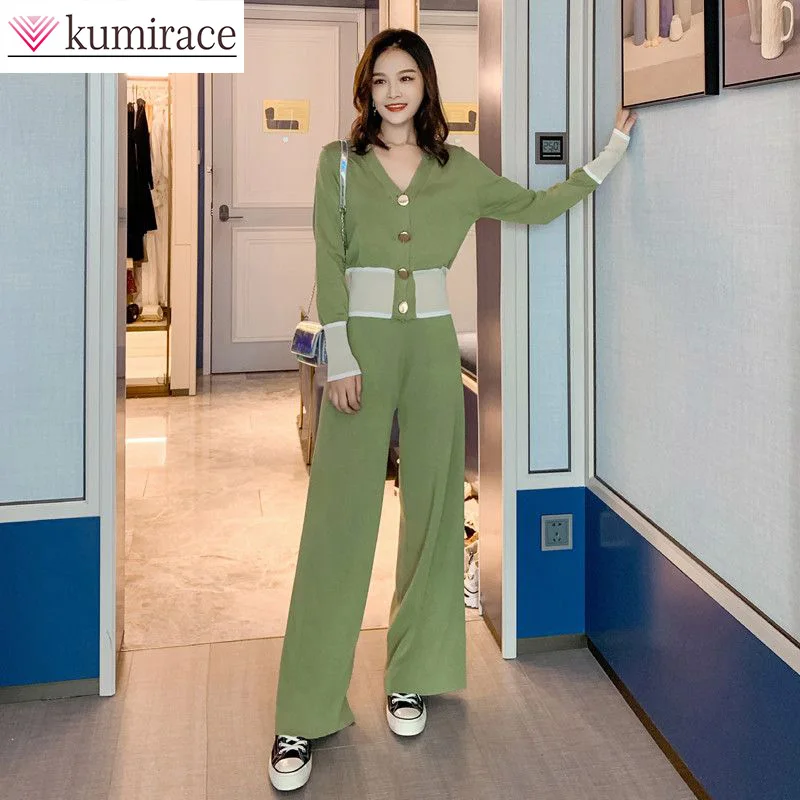 

2022 New Spring and Summer Knitted Wide Leg Pants Suit Large Women's Cardigan V-neck Sweater High Waist Pants Two-piece Suit