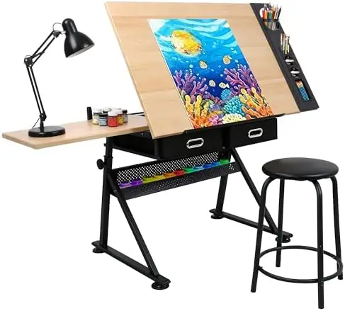 Drafting Table Art Desk with 2 Storage Drawers, Height Adjustable Drawing Table for Painters, Working, Writing, Home