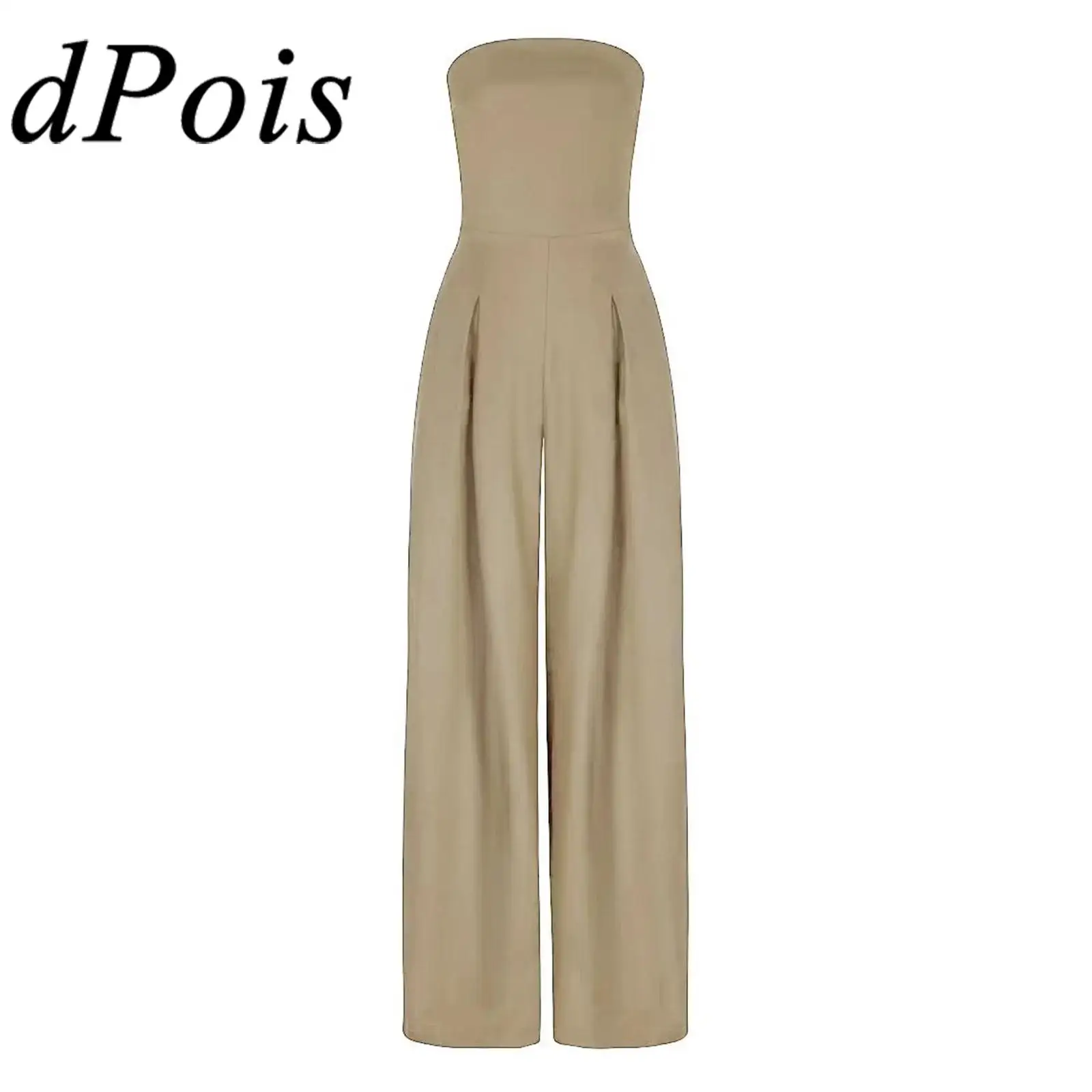 

Women Fashion Hot Solid Color Strapless Jumpsuit Casual Off Shoulder High Waist Wide Leg with Pockets for Party Banquet Wedding