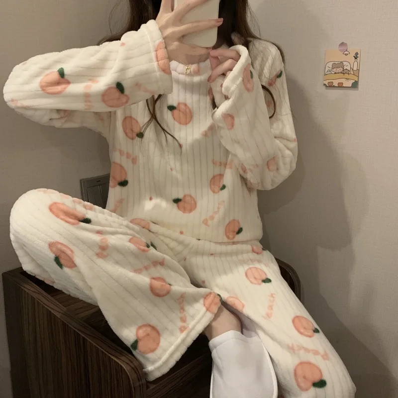 Women Winter 2026 New Warm Thick Coral Plush Loose Outer Wear Pants Fleece Lined Sleepwear Cute Pattern Casual Lounge Soft Comfy