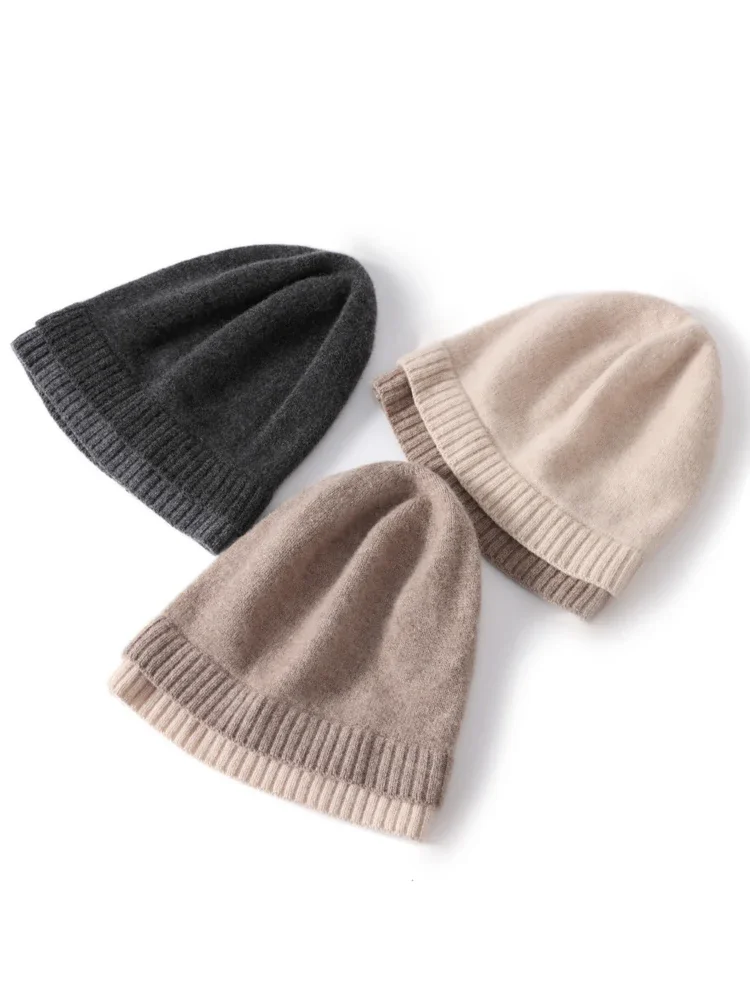 100% Wool Knit Caps New Fashion Double Layer Hem Deco Unisex Beanies Pure Wool Warm Hat Soft Cozy Spring Outdoor Casual