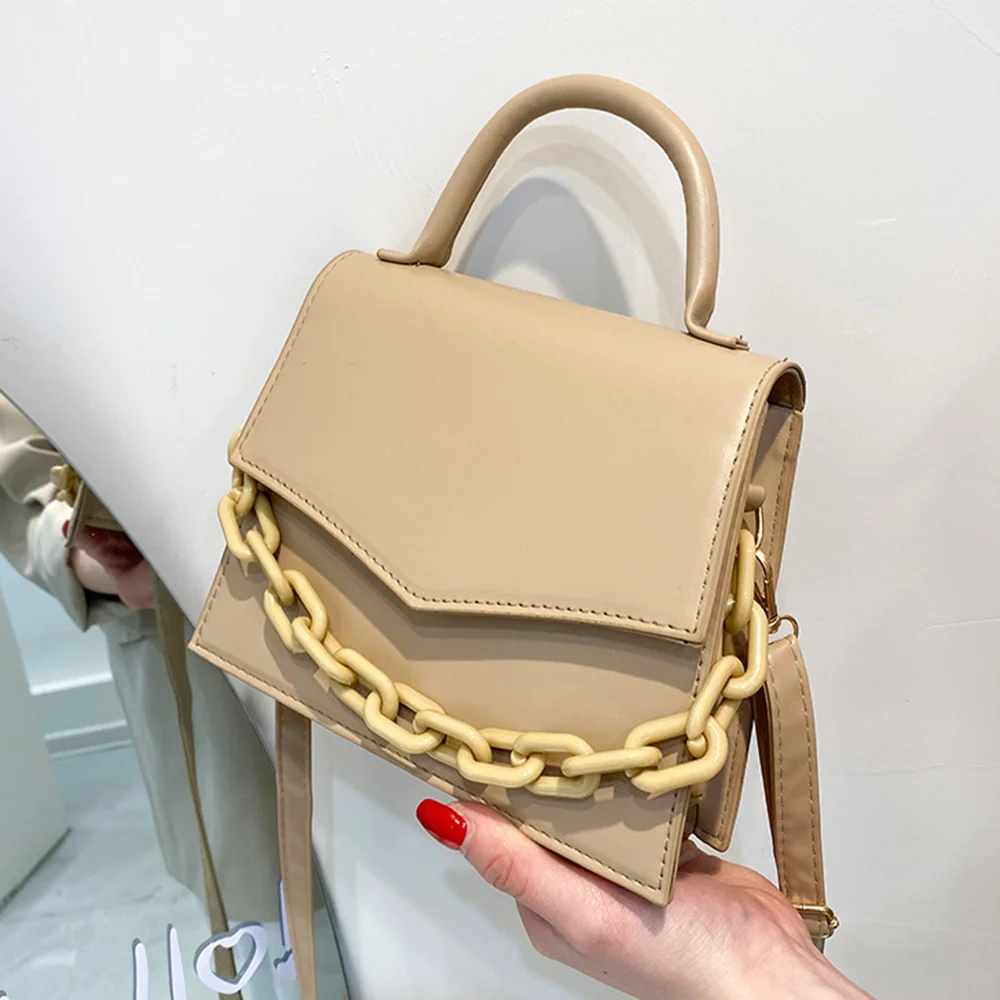 Women\'s Bag Chain Small Square Bag Female PU Leather Totes Clutch Bag New Trendy Shoulder Messenger Bag Pure Candy Color