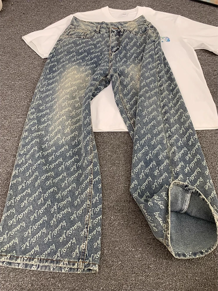 

American Retro Straight Leg Denim Jeans High Street Vibe Waed Outdated Letter Print Wide Leg Knife Micro Flared Pants