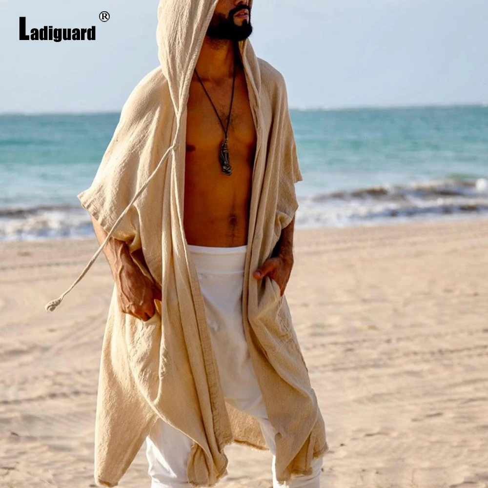 

Мужские повседневные пляжные длинные плащи 2025, летние топы с капюшоном, верхняя одежда, винтажная базовая рубашка, мужской базовый кардиган с короткими рукавами, новинка