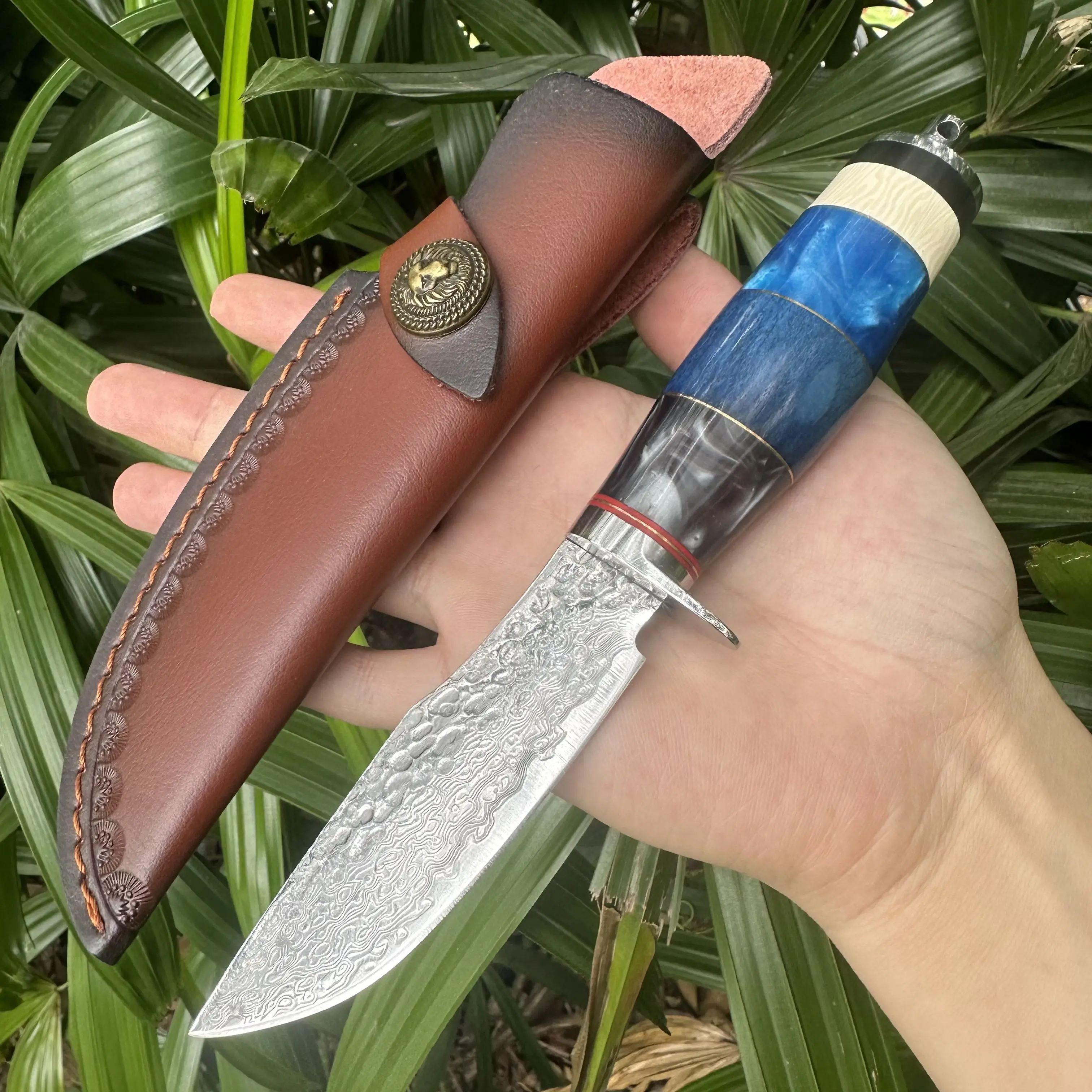 Topwell Handmade Knife VG10 Damscus Forged Blade Ox Bone Handle With Leather Sheath Hiking Fishing Hunting Collection For Men