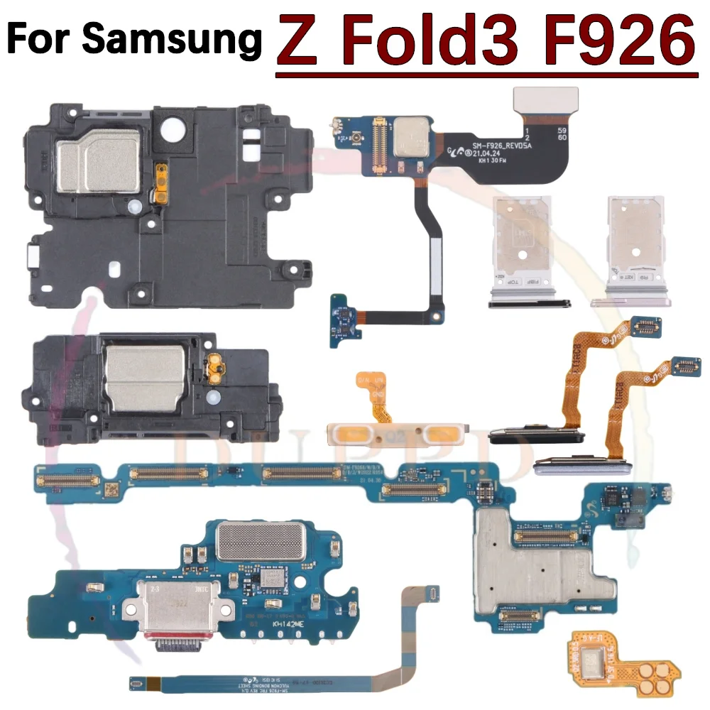 Charging Port Board For Samsung Z Fold3 F926 Volume Button SIM Card Tray Spin Axis Signal Fingerprint Sensor Motherboard Flex