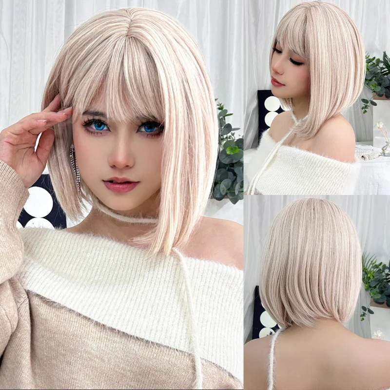 

Popular natural straight bangs, off-white shoulder-length short hair wig for women, domestic silk, direct wholesale from manufac