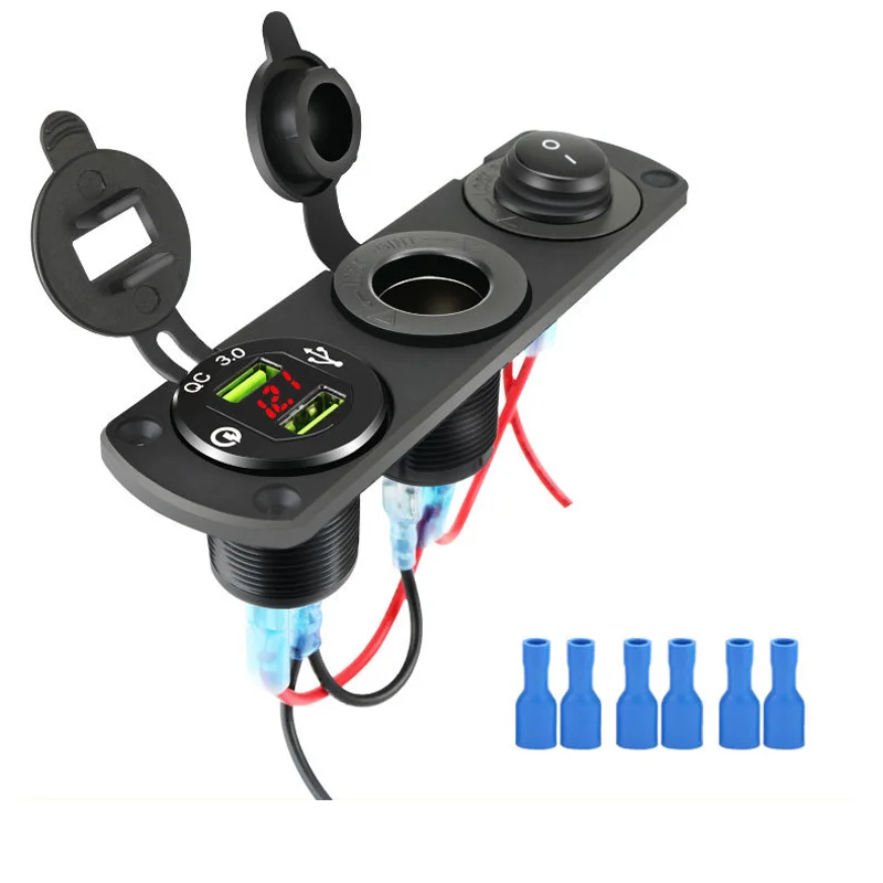 USB fast charging for 3 hole car charger QC3.0 high speed fast charging with cigarette lighter switch combination 12-24V