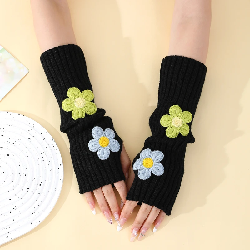 

Cute Sweet Girl Knitted Warm Long Arm Sleeves School Students Lovely Princess Flower Fingerless Gloves