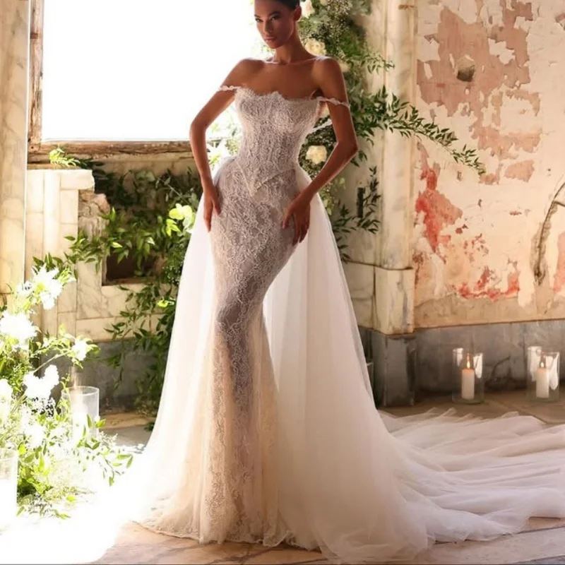 ivory white Appliques Wedding Dresses off-shoulder fishtail decal Long tail detachable train Bridal Gowns Made Customized