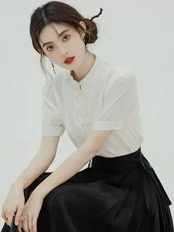 

Новая китайская модная блузка в национальном стиле с коротким рукавом, воротником-стойкой и пуговицами для офиса и повседневной работы