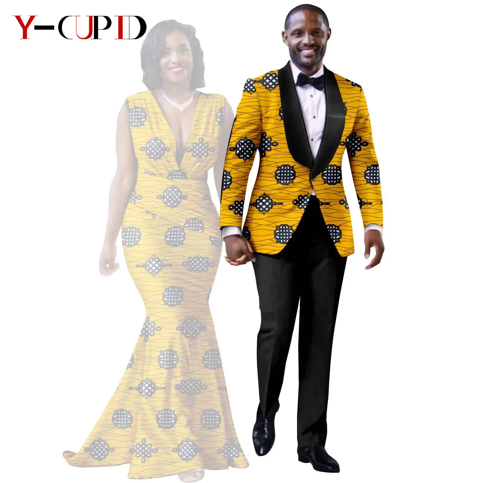 African Print Long Mermaid Dresses for Women Matching Couple Clothes Men Suits Top and Pant Sets Dashiki Party Wedding 25C005