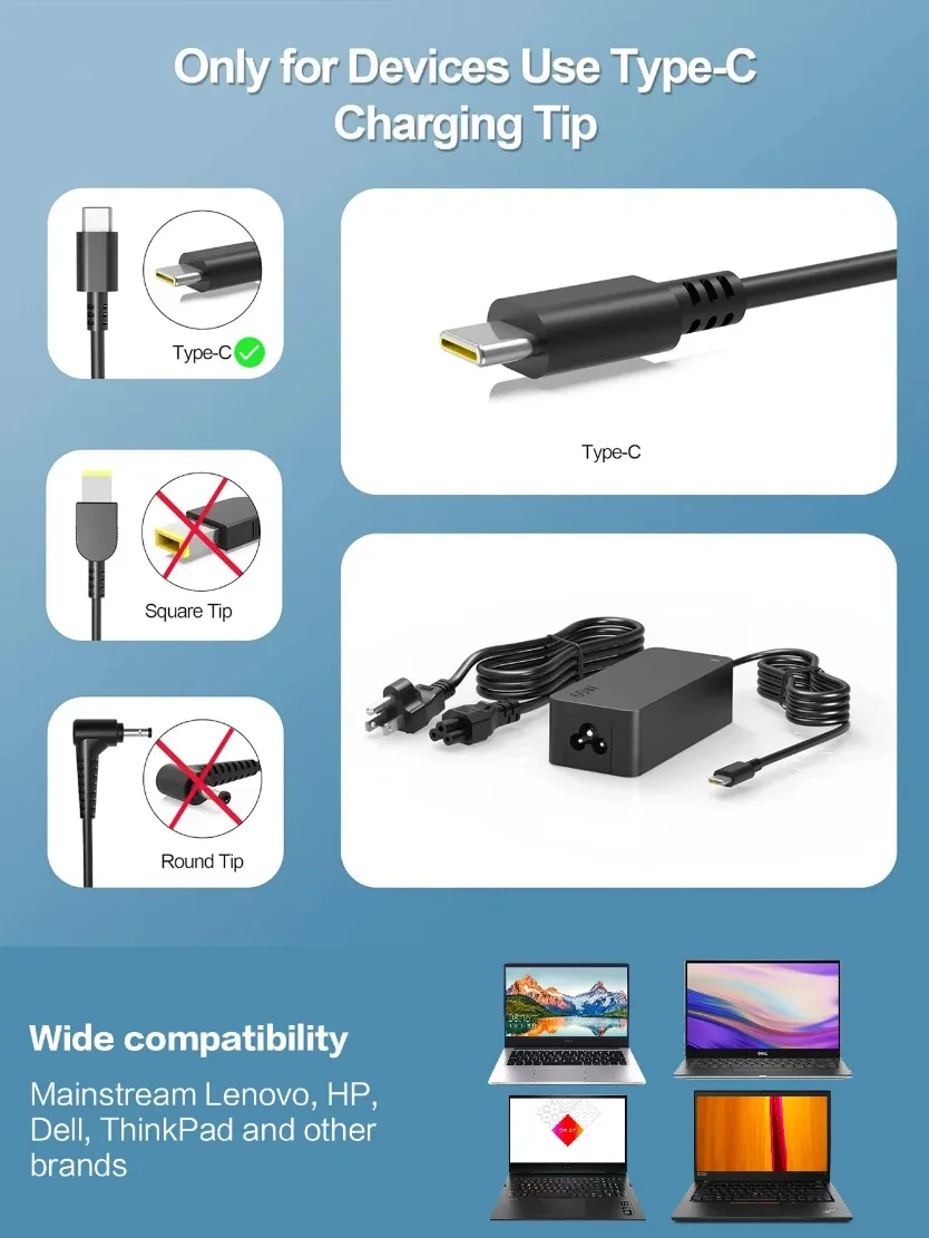 65W USB‑C Laptop Charger Type C Fast Power Adapter For Lenovo ThinkPad HP Dell ASUS Acer Yoga Chromebook Notebook Power Supply view 3