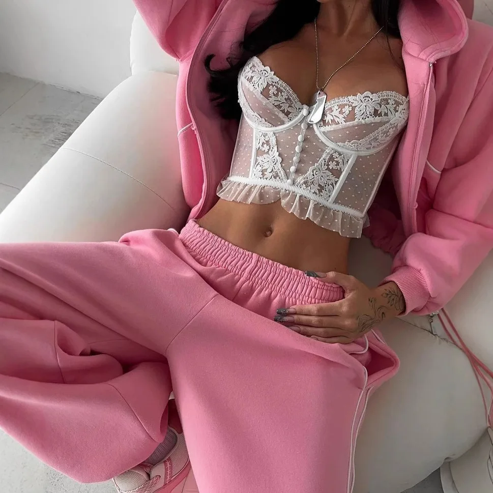 Women Fashion Line Contrast Color Hoodie Zip Up Sweatshirt Set Casual Loose Straight Pants Two Piece image 4