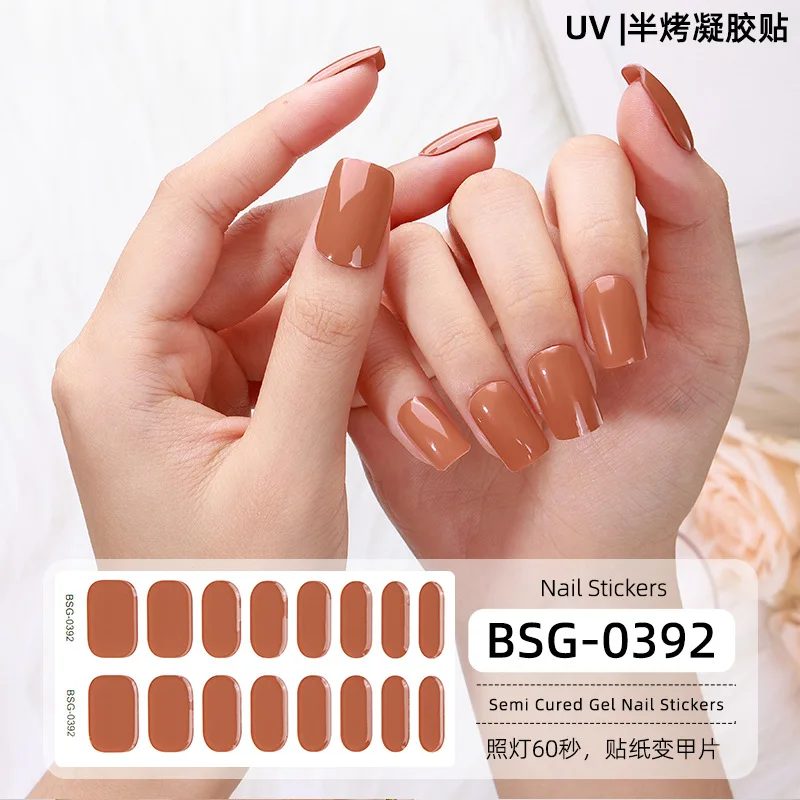 16 Strips Effen Kleur Semi-Uithardende UV-Gel Nagelstickers Waterdichte Langdurige Volledige Dekking Nagel Decals Uv Lamp Nodig