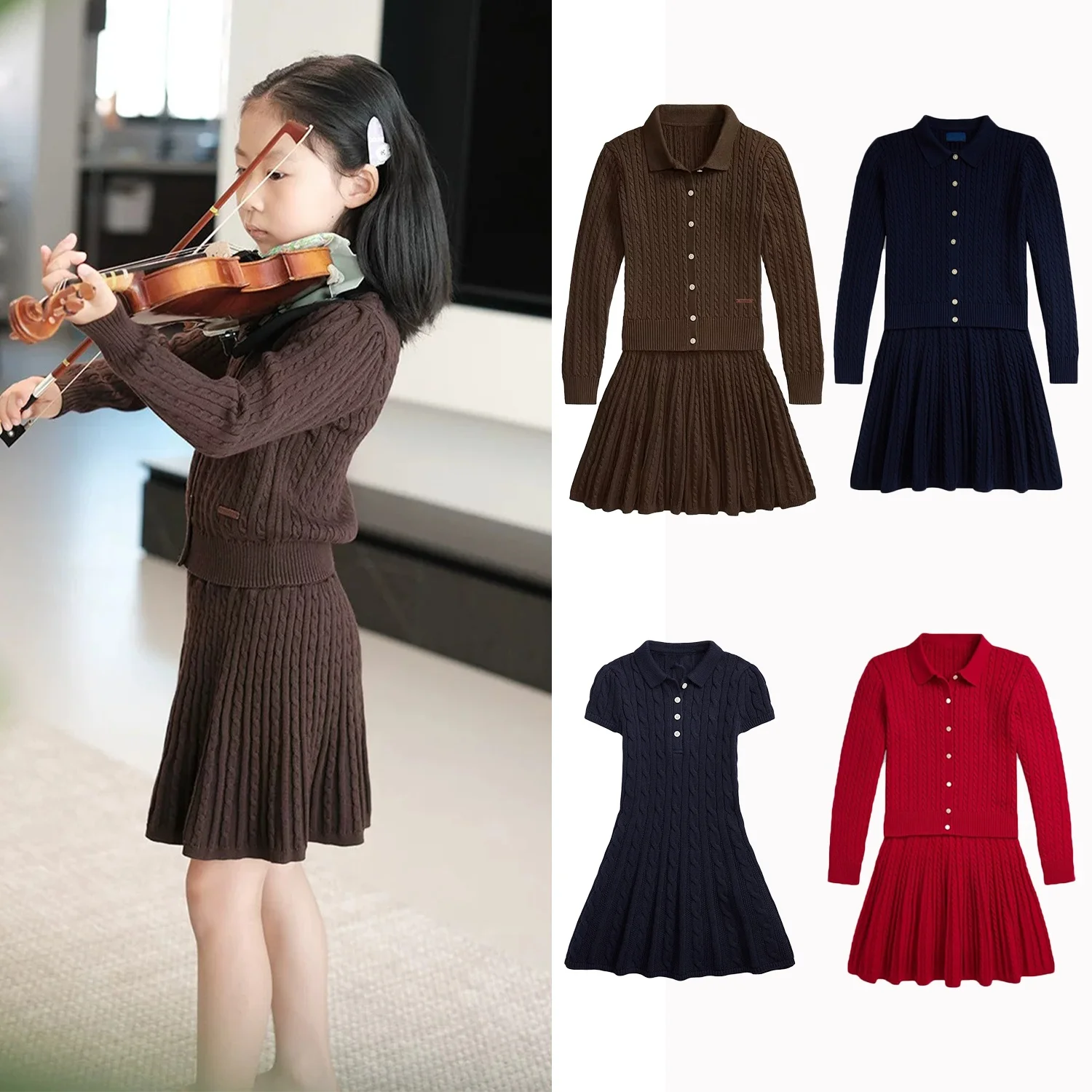 Designer Kids Twisted Knitted Clothes Set Long Sleeve Knitting Cardigan and Elegant Sweater Skirts Vintage Girls Clothing Gifts