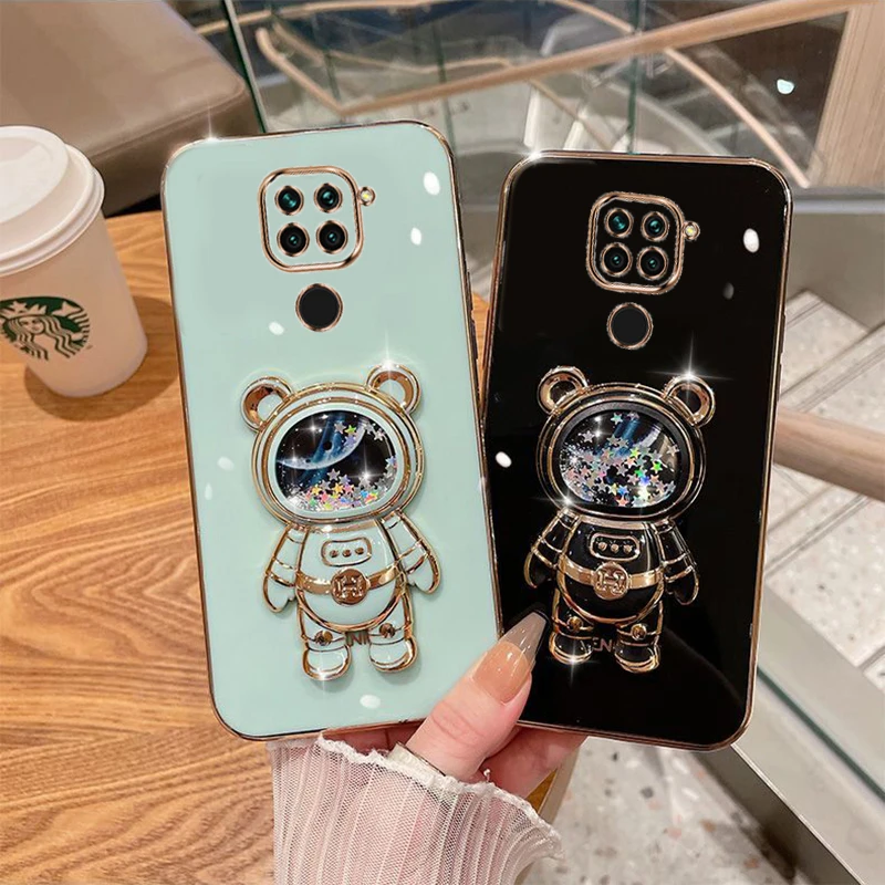 Funda de teléfono con soporte de astronauta de arena movediza chapada para Xiaomi Redmi Note 12, Redmi Note 11, Redmi Note 10, Redmi Note 9, Redmi