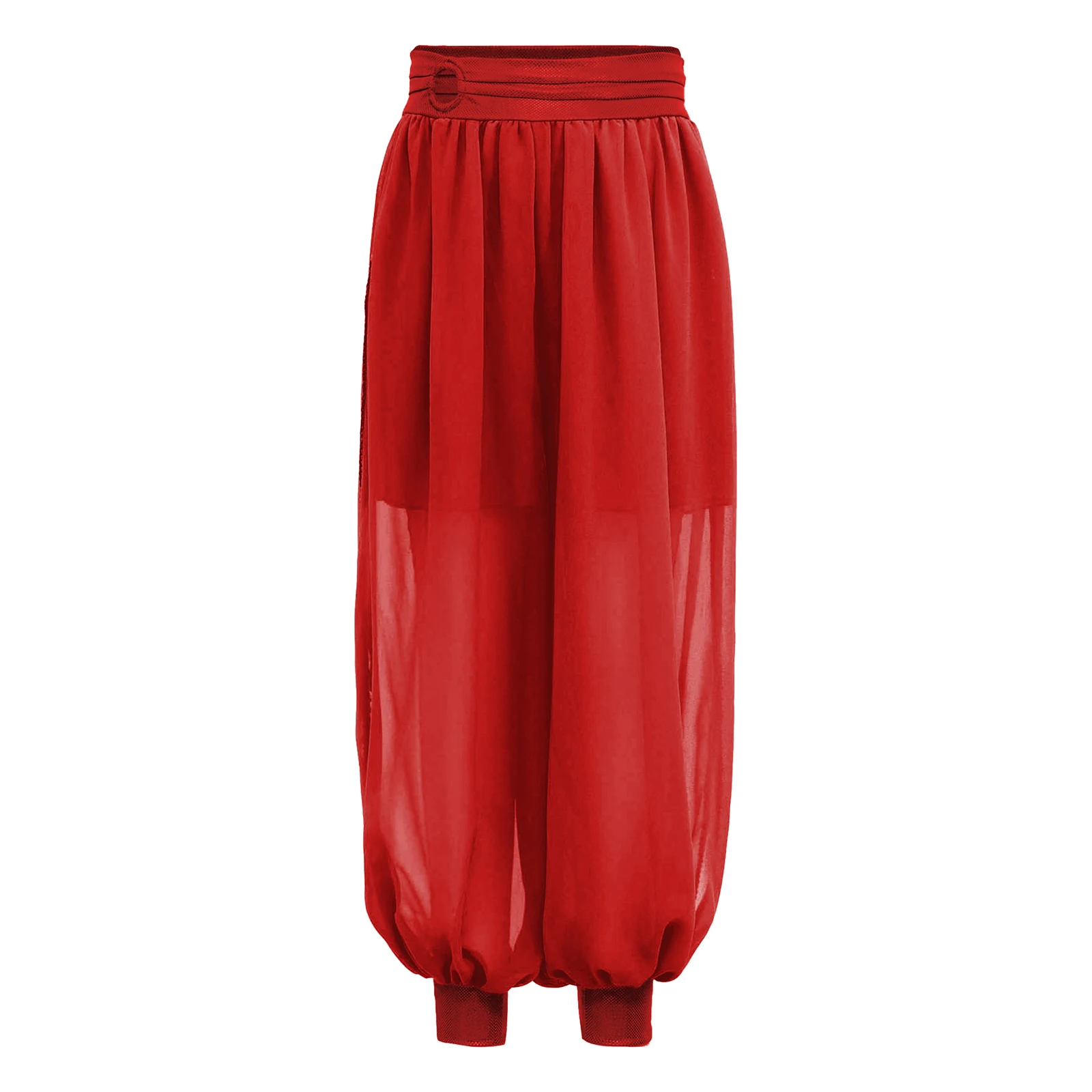 Spodnie do tańca brzucha dla dziewczynek, bloomersy, kostium na Halloween, imprezę tematyczną, karnawał, szyfonowe spodnie z marszczonym pasem z O-ringiem i rozcięciem z boku.