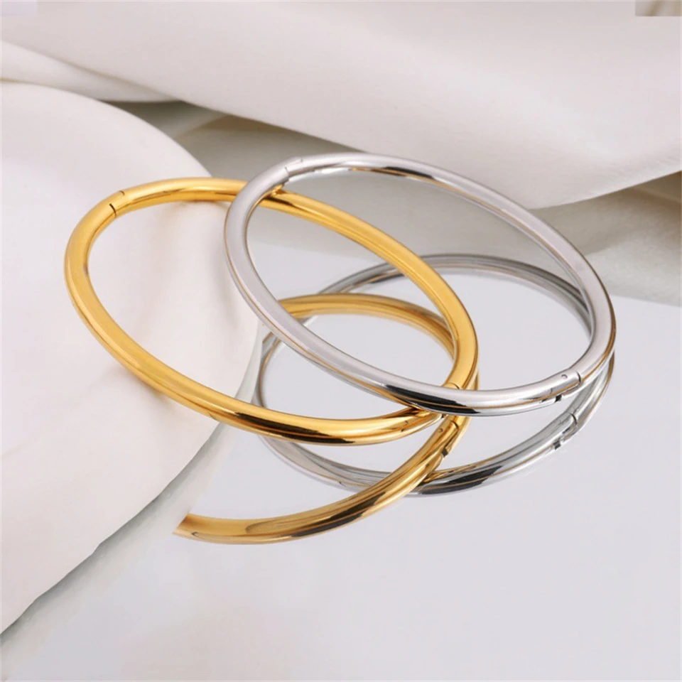 Yupsk Glossy Gold Color Stainless Steel Cuff Bangle for Women Smooth Thin Cylinder Bracelet Exquisite Waterproof Jewelry Gift image 2