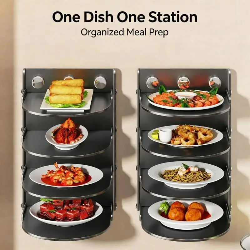 Folding Kitchen Storage Rack, 4 Shelf Carbon Steel Countertop Storage Shelf with Suction Cup Mount for Vertical Use 37JD