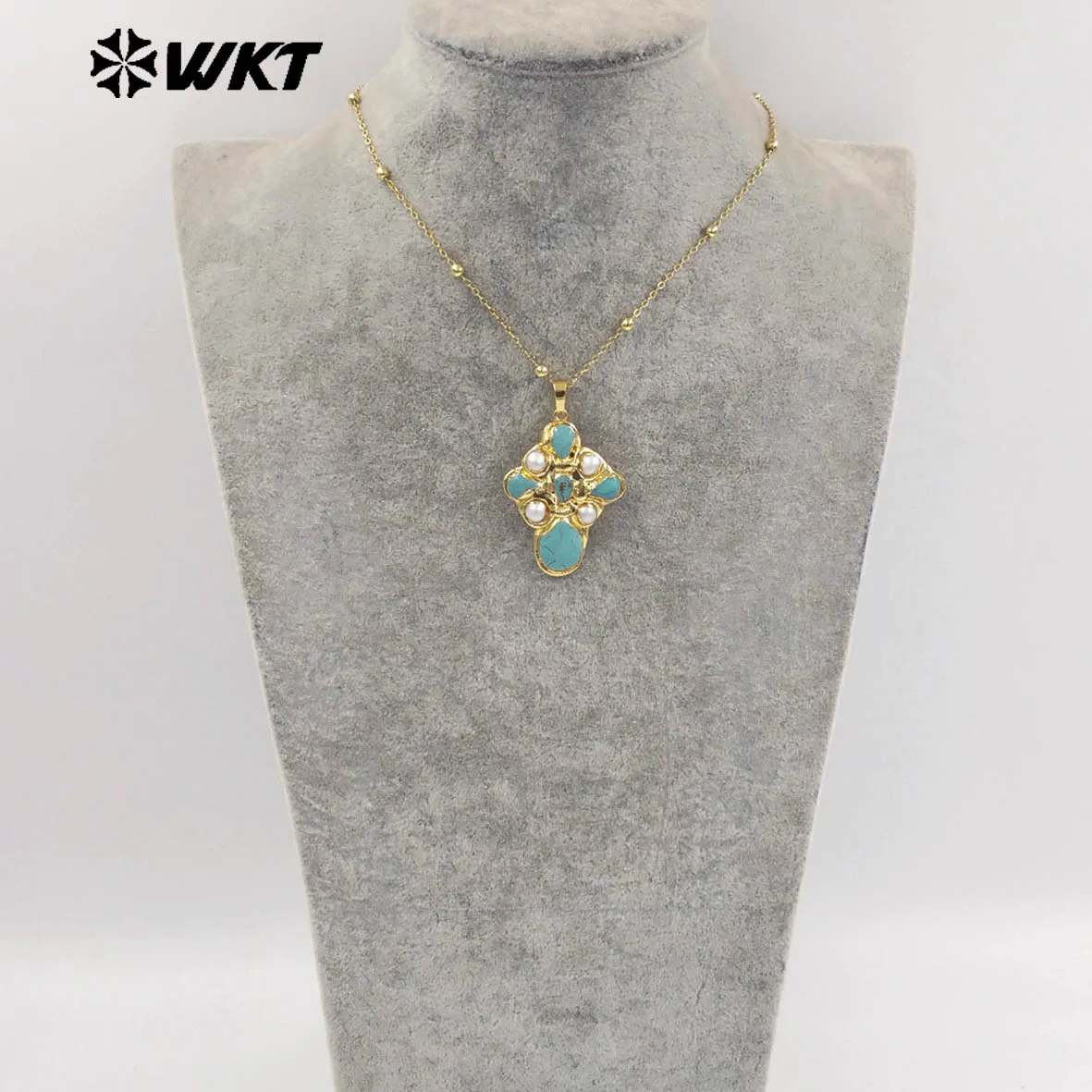 

WT-JN297 Brand New Product Elegant 18K Gold Plated Pearl Turquoise Cross Unisex Pendant Necklace Fashion Jewelry Accessories