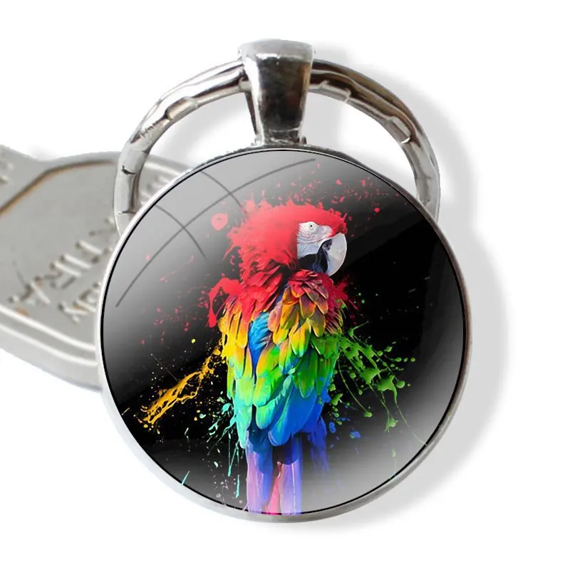 25mm Glass Cabohcon Keychain Key Rings for Women Men Jewelry Gift Colorful Rainbow Macaw Parrot