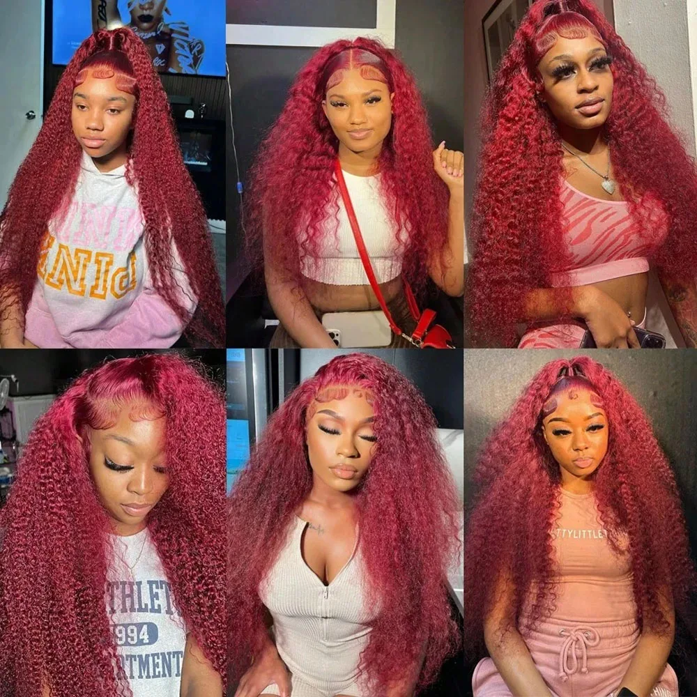 250% Density 99J 13x4 HD Lace Front Human Hair Wigs Burgundy 34Inch Deep Wave Peruvian Curly Glueless Lace Frontal Closure Wigs image 6