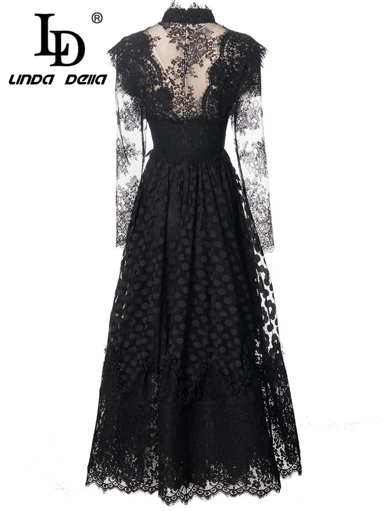 LD LINDA DELLA Summer Style Birthday Dress For Women Black Transparent Round Neck  Splice Print Elastic Waist Lace Long Dress