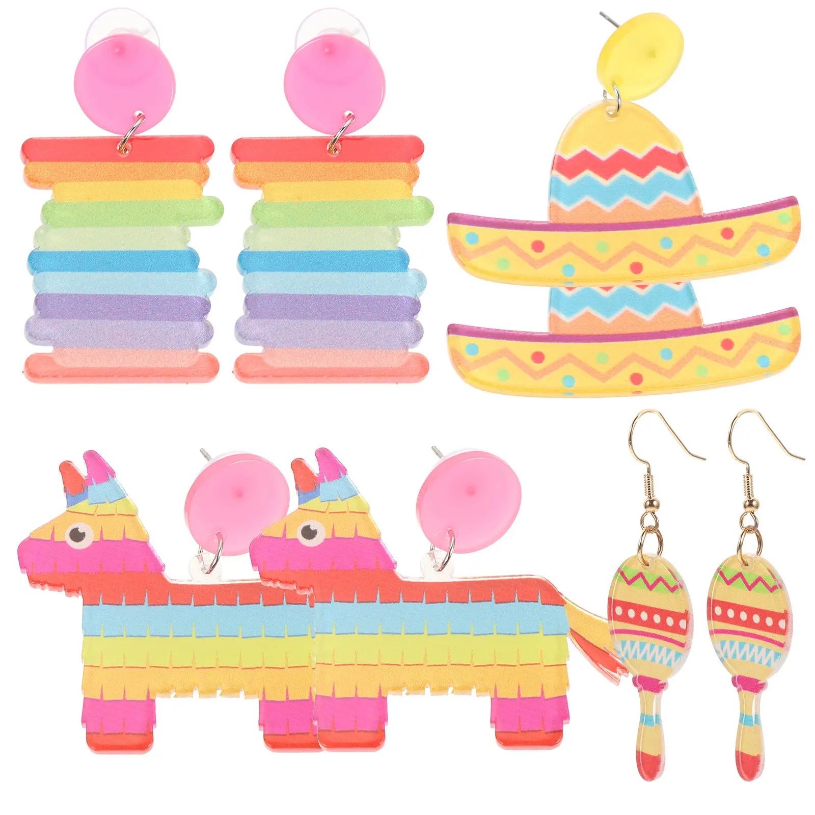 4 Pairs Earrings Dangly Fiesta Accessories for Women Dangle Woman Carnival Mexican